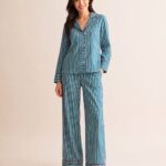 Turquoise Striped Pajama Set with Red Accents