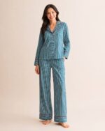 Turquoise Striped Pajama Set with Red Accents