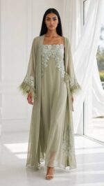 Sage Elegance French Crepe Nightgown & Sheer Robe Set - Image 2