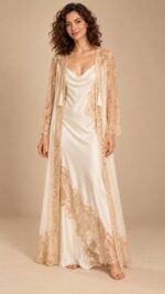Off-White Silk Nightgown & Lace Chiffon Robe Set